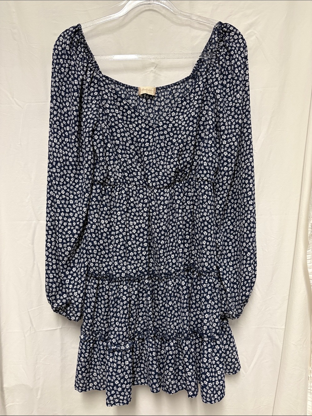 Altar'd State Navy and White Floral Long-Sleeve Tiered Mini Dress